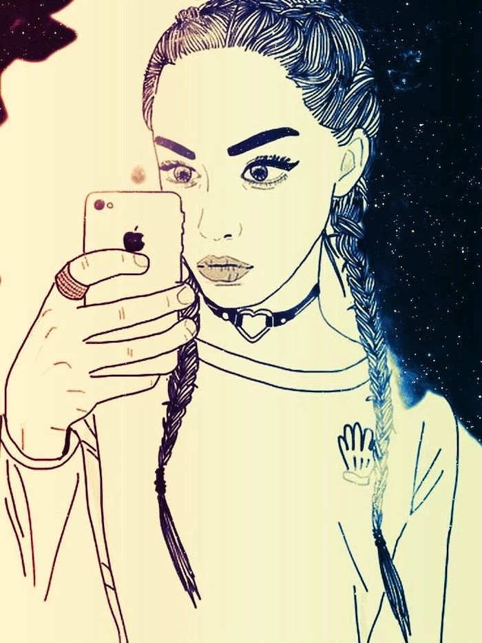 long braided hair, how to draw a girl step by step, iphone in hand, drawing of a girl