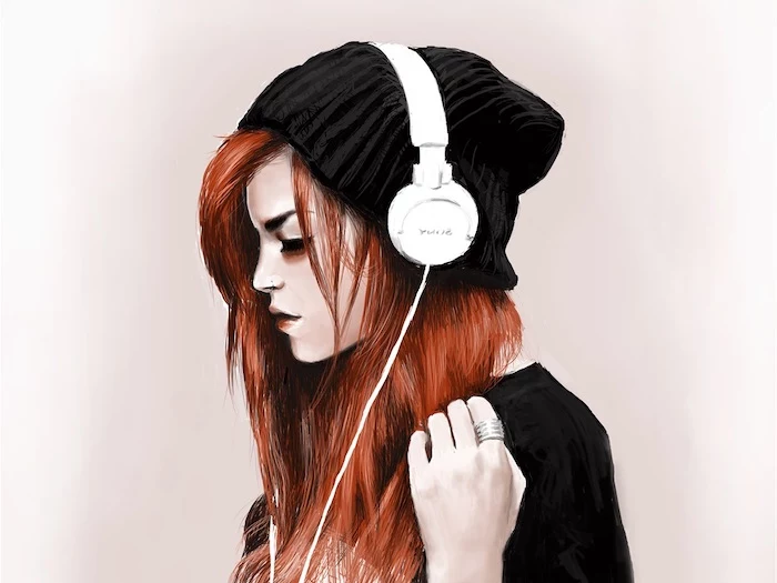 black beanie, white headphones, how to draw a woman, long red hair, black top, light pink background