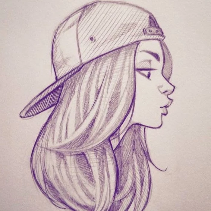 black and white drawing of a girl, how to draw a woman, sports cap, long hair, white background