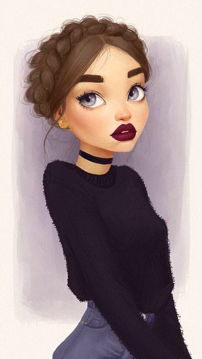 braided hair in a bun, face drawing, black top and jeans, blue yes, red lips, black necklace