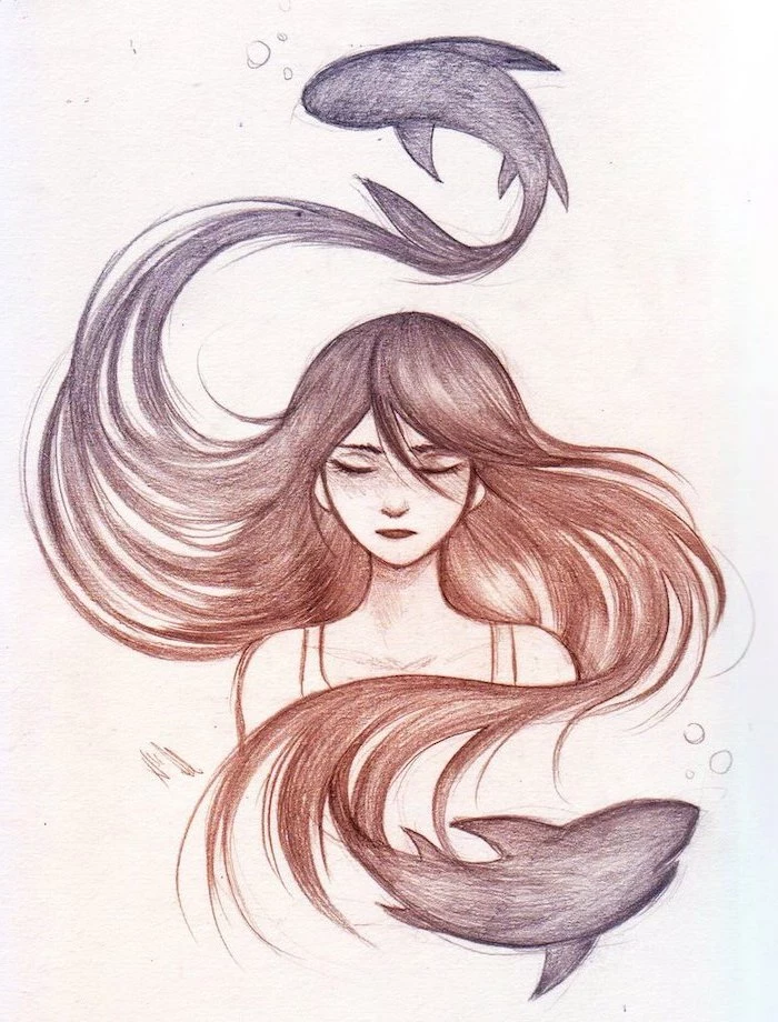 red and grey long hair, drawing of a girl, how to draw a woman, white background