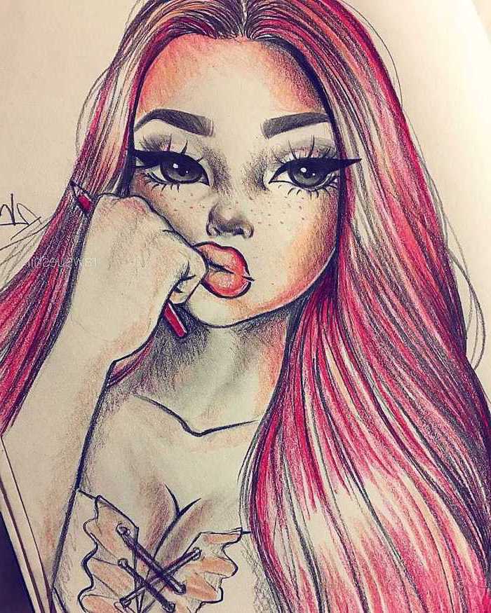 long red hair, drawing of a girl, how to draw a person, big eyes and full red lips, red pencil