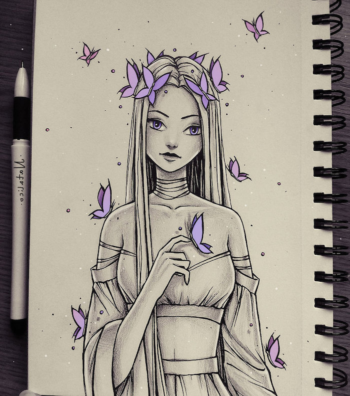 long hair, purple butterflies, white background, how to draw a face step by step, pen and notebook