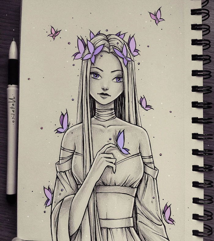 long hair, purple butterflies, white background, how to draw a face step by step, pen and notebook