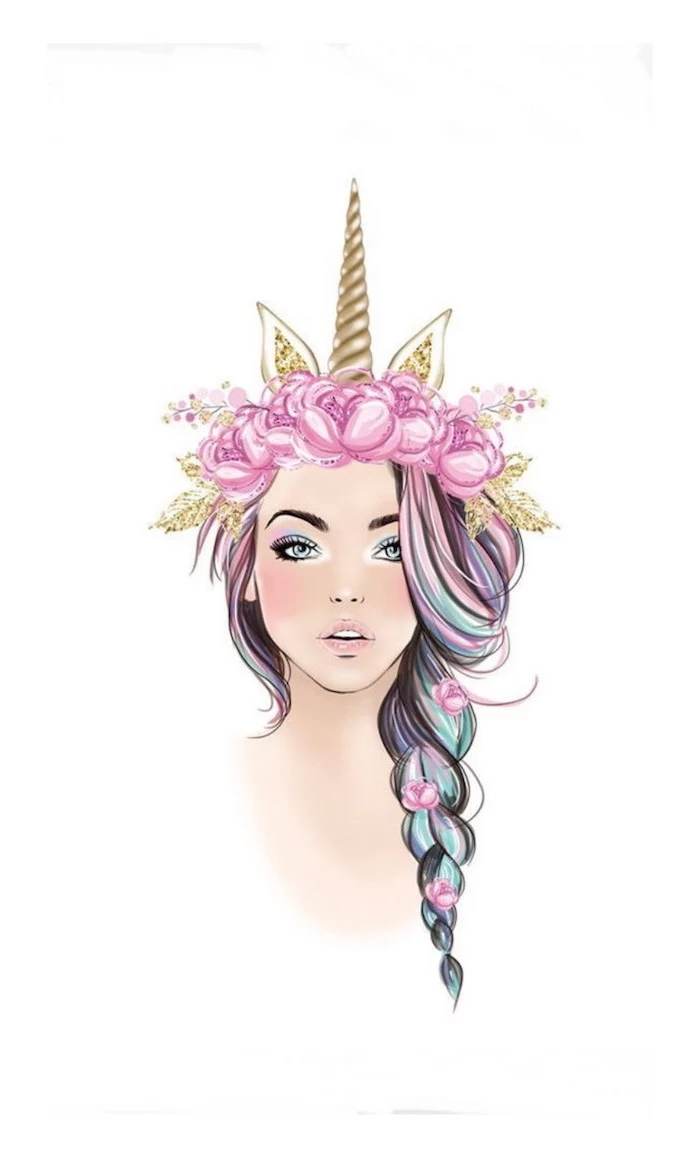 colourful drawing of a girl, unicorn horn and ears, colourful braided hair, how to draw a face step by step