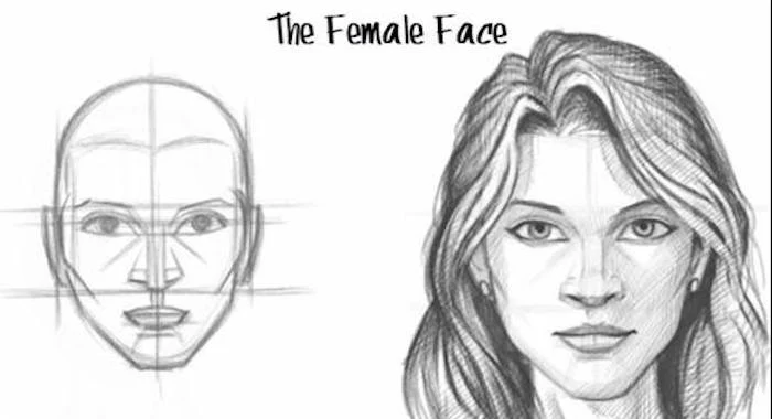 how to draw a girl, black and white sketch, female face with long hair, step by step tutorial