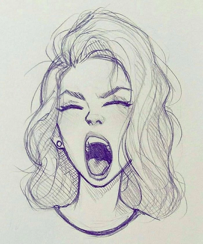 how to draw a face step by step, drawing of a girl screaming, short wavy hair, black and white sketch