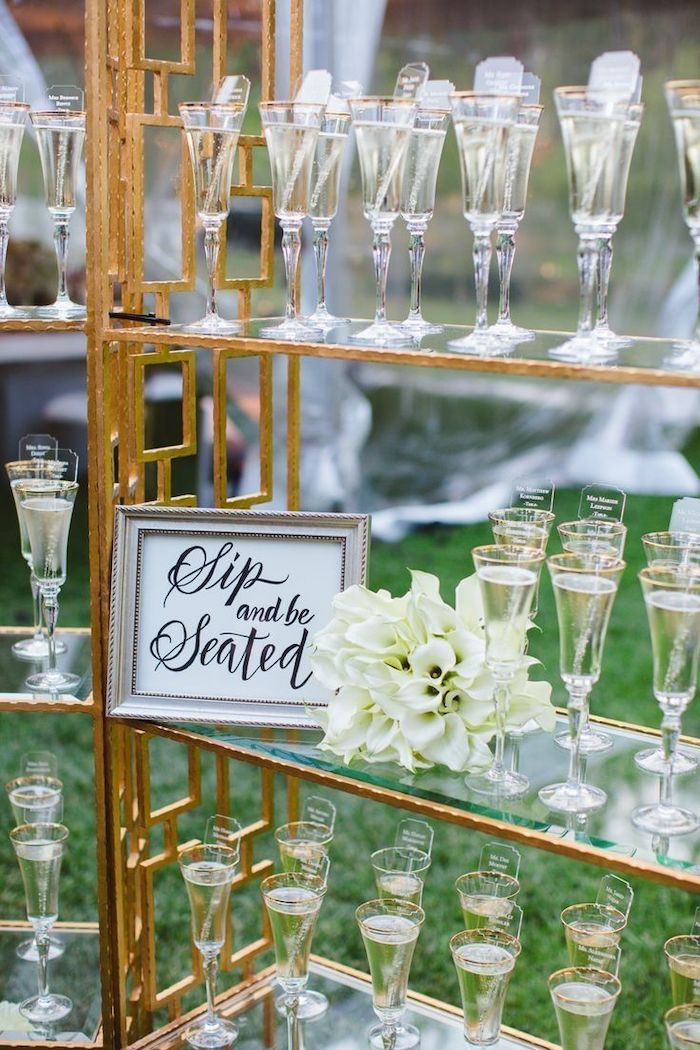 glasses with champagne on shelves, wedding table decoration ideas