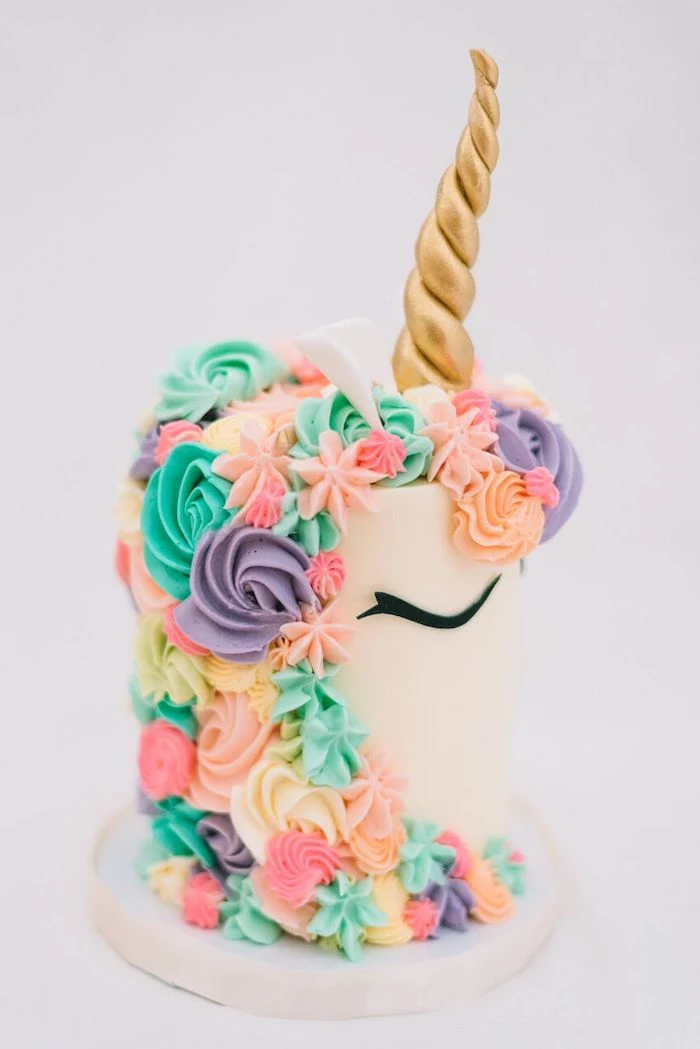 green yellow pink and purple roses on white fondant, diy unicorn cake, gold horn