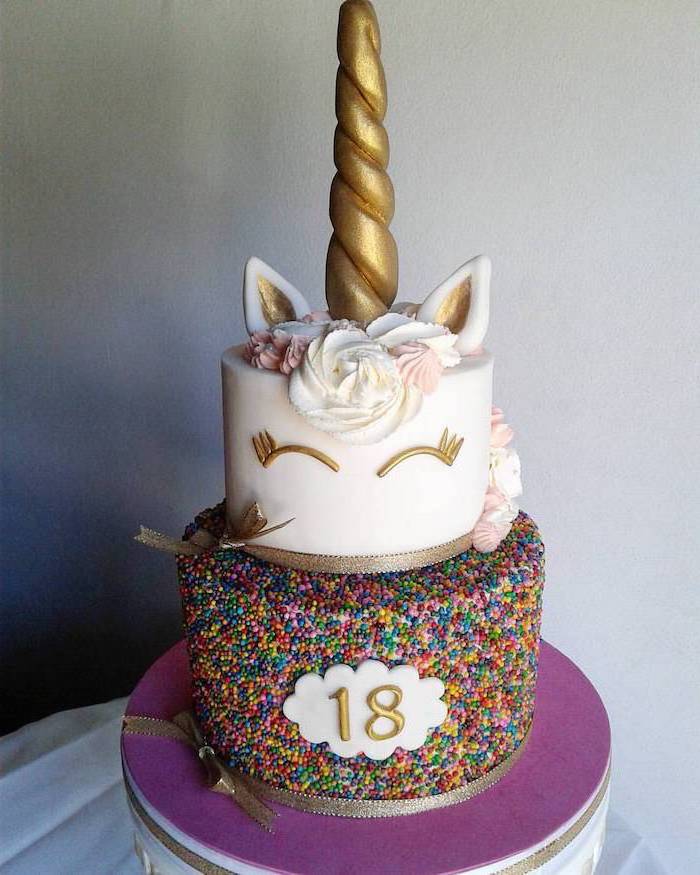 sprinkled cake layer, unicorn cake pictures, pink and white roses on white fondant, gold horn and ears
