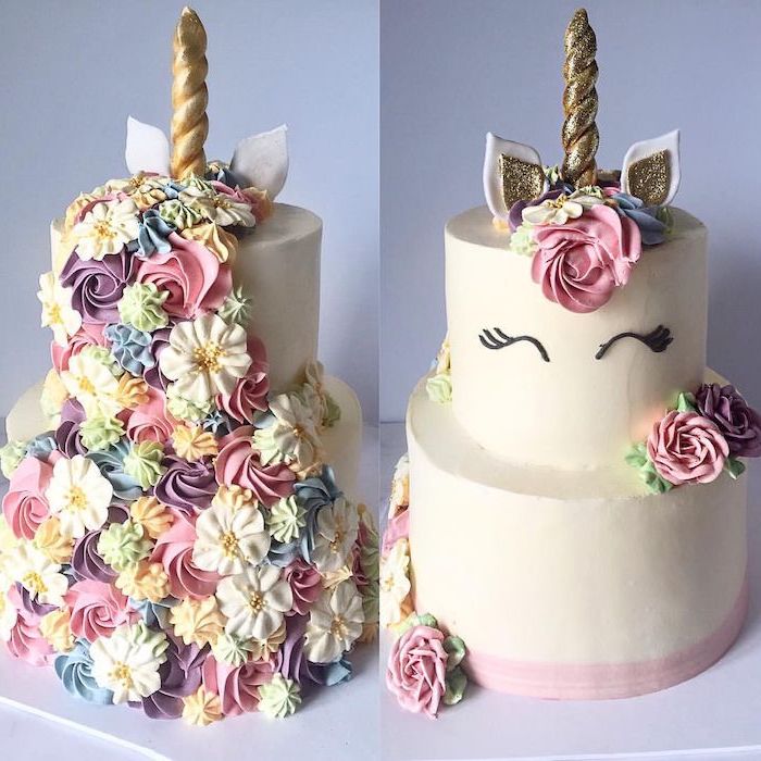 pink purple white blue and green roses on white fondant, gold horn and ears, unicorn cake pictures