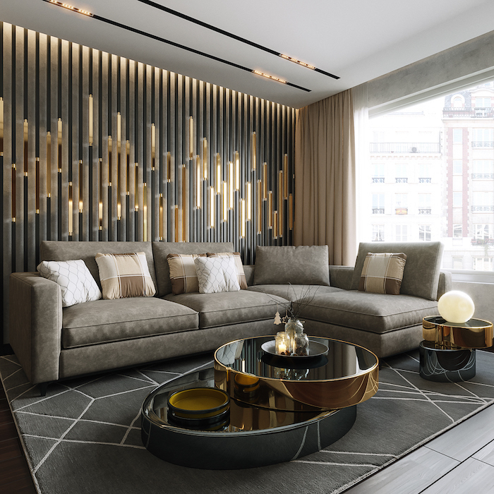 Gold Metal Lights Wall Installation Accent Wall Living Room Grey Corner Sofa Glass Coffee Table 