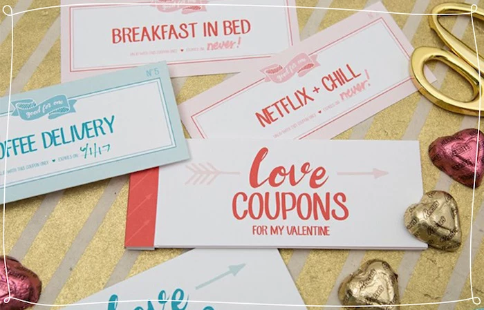 love coupons for my valentine, special messages, heart shaped candy, thoughtful gifts for boyfriend