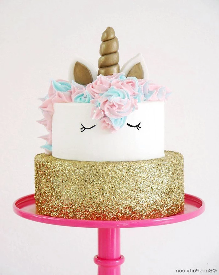 pink cake stand, gold sprinkled layer, pink and blue roses on white fondant, unicorn cupcake cake