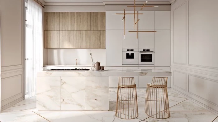 marble floor with golden geometrical shapes, kitchen design ideas, metal golden stools, wooden cabinets