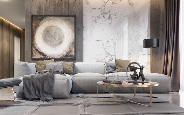 marble and wood tiles on the wall, abstract painting, living room paint ideas, grey corner sofa