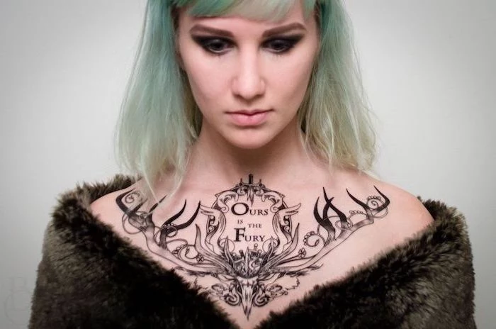 blue hair, white background, rose chest tattoo, ours is the fury stag, game of thrones tattoo