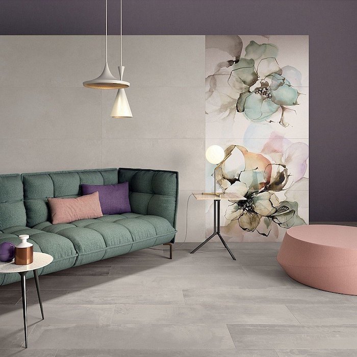 floral tiled an purple wall, accent wall ideas, green sofa, pink stool, small wooden coffee table