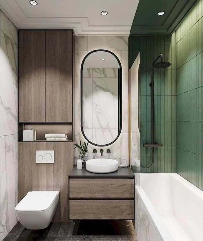 green tiled wall, marble tiled walls and floor, wooden cabinets, bathroom renovation ideas