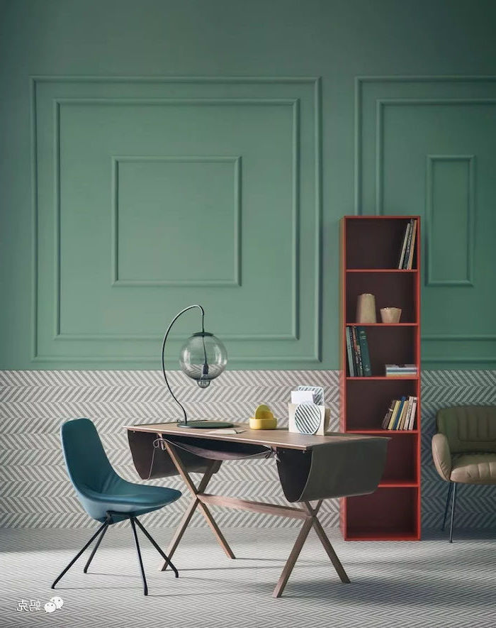 green well, red bookcase, turquoise chair, home office setup, wooden desk, round desk lamp