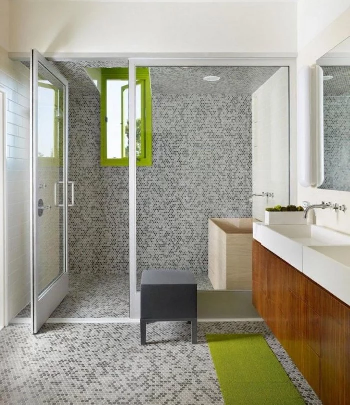mosaic tiled floor walls and ceiling, green window and rug, bathroom renovation ideas, glass shower door