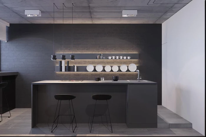 black brick wall, black stools, grey kitchen island and shelves, kitchen wall decor ideas