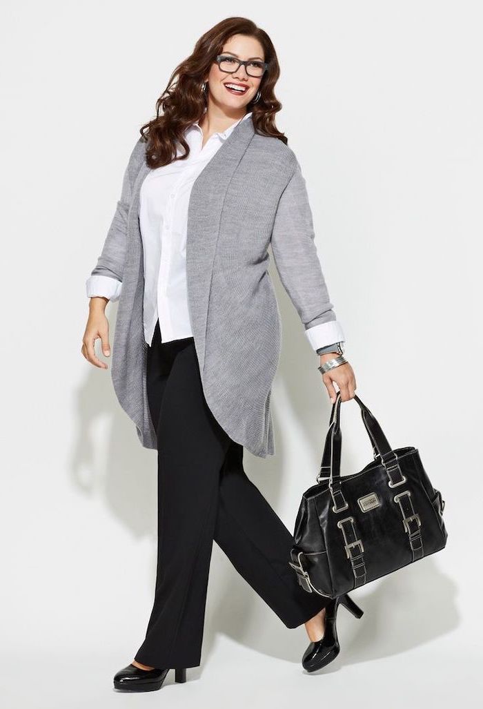 long grey cardigan, black trousers and shoes, white shirt, business casual dress code, leather bag