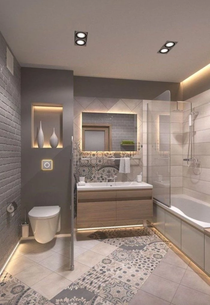grey brick wall, small bathroom decorating ideas, grey and patterned tiled walls and floor, led lights
