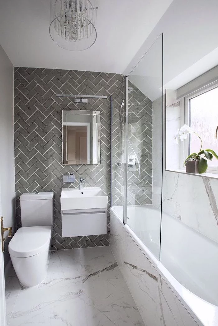 grey tiled wall, marble tiled floor, small bathroom decorating ideas, white floating cabinet