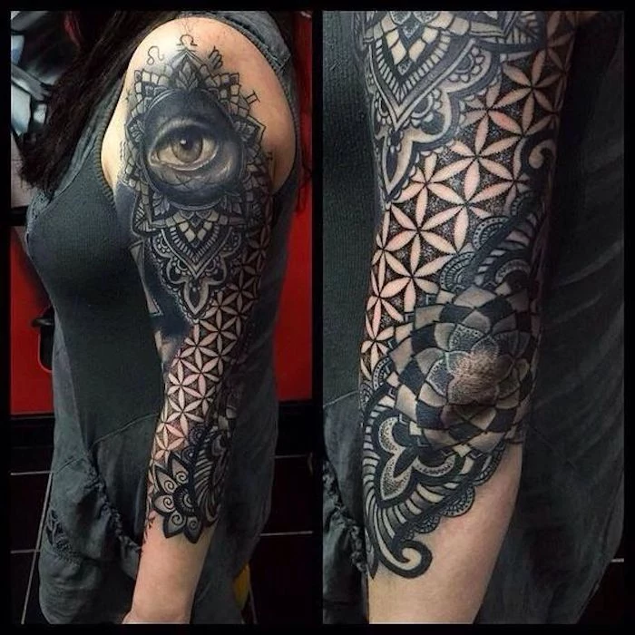 large arm sleeve tattoo, small meaningful tattoos, geometrical shapes and an eye