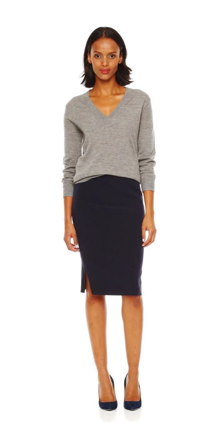 black pencil skirt, grey v line sweater, outfit casual, black pointed heels