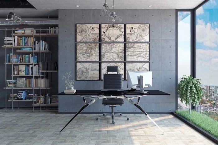 vintage geographical map of planet earth, office decor ideas, black desk with black leather chair, metal bookcase