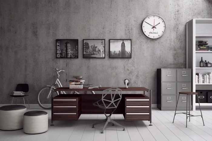 grey wall and drawers, wooden desk, geometrical grey chair, office decor ideas, white bookcase