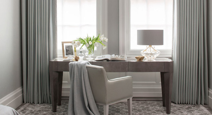 grey curtains, home office setup, grey leather chair, wooden grey desk, 
