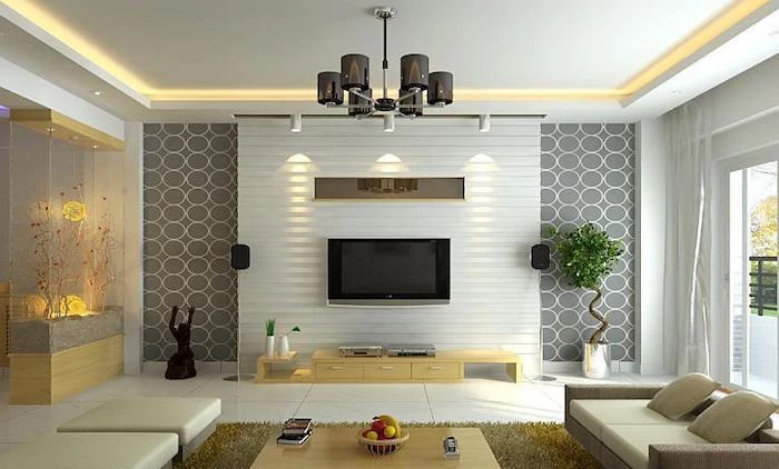 grey and white wall installation, white sofa and stools, living room paint ideas, yellow rug