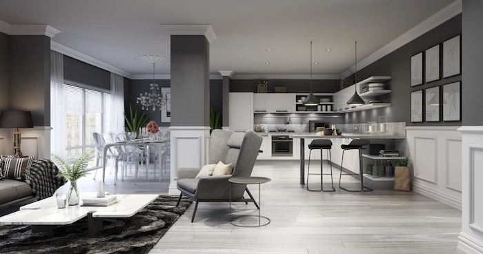 wooden floor, kitchen cabinet design, grey walls, white cabinets and drawers, black stools