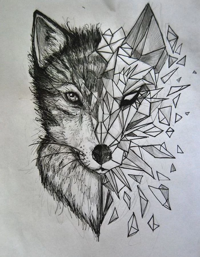 wolf head drawing, small meaningful tattoos, black and white drawing, white background