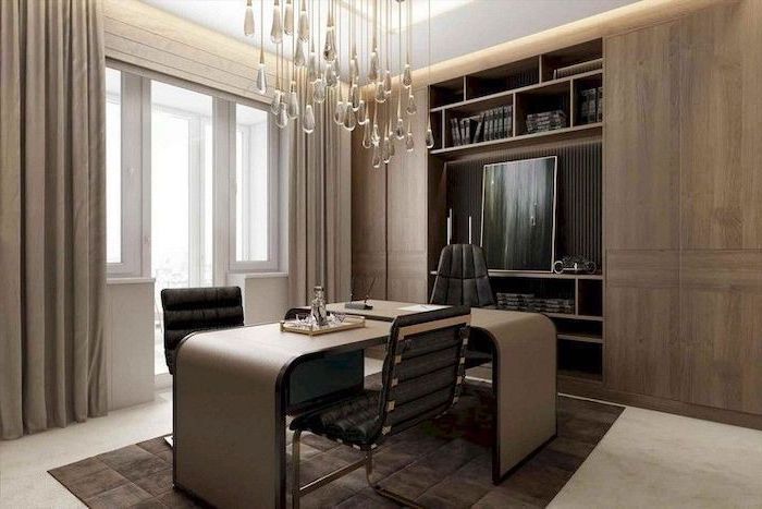 black leather chairs, hanging chandelier, small home office ideas, beige wooden desk, large wooden cabinets