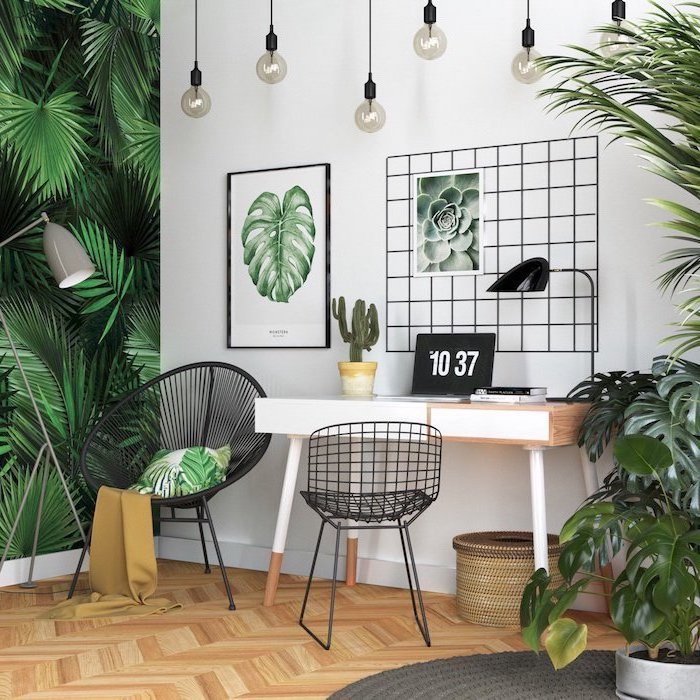 floral prints on the walls, hanging lamps, wooden desk, desk ideas, black metal chairs