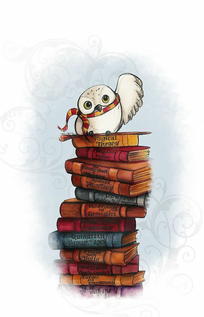 harry potter inspired wallpaper, pink iphone wallpaper, stack of books, hedwig the owl
