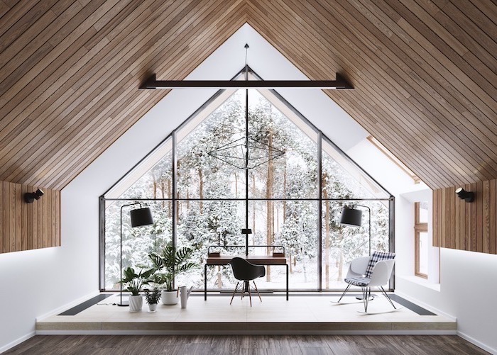 small wooden desk, black chair, high wooden ceiling, home office ideas, printed blue and white armchair