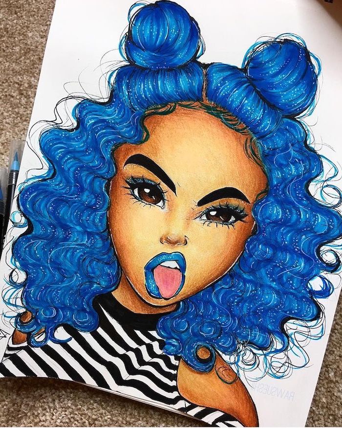 blue hair in buns, black and white striped top, how to draw a face step by step, blue lips