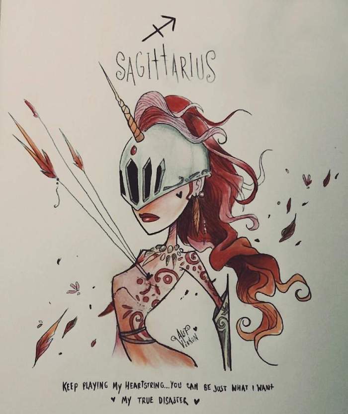 long red curly hair, metal helmet and horn, sagittarius zodiac sign drawing, girl drawing easy