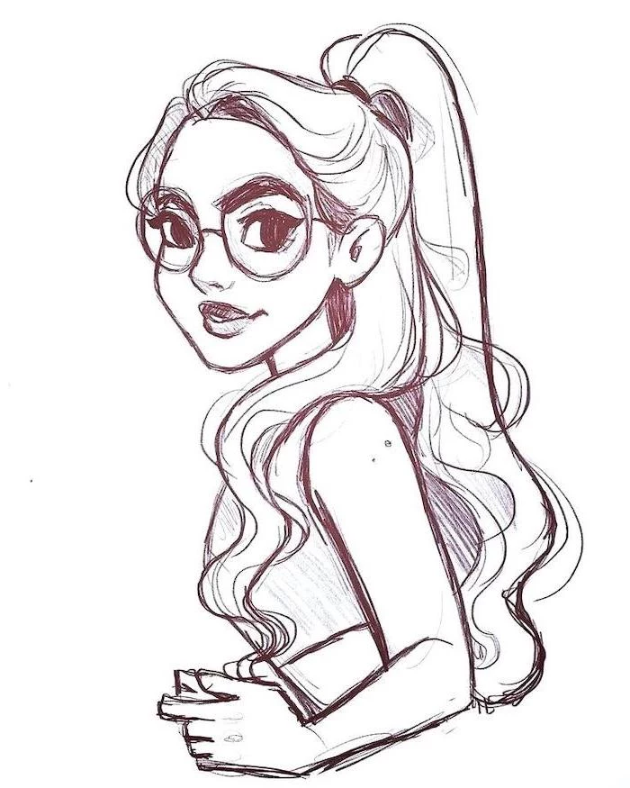 black and white sketch of a girl, large round glasses, long wavy ponytail, how to draw a female face