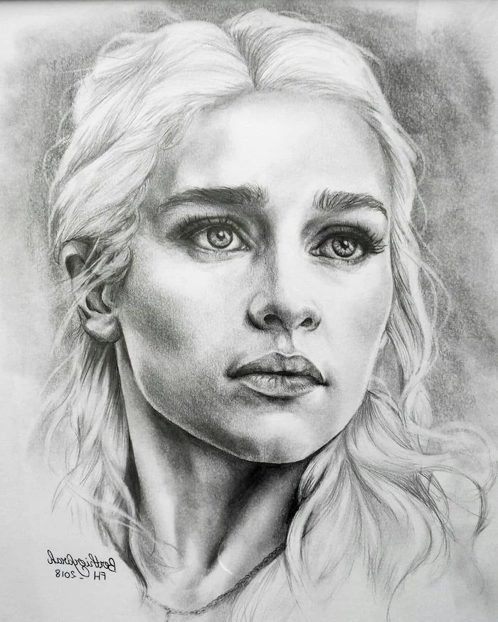 black and white sketch, girl face drawing, daenerys targaryen drawing, blonde long curly hair