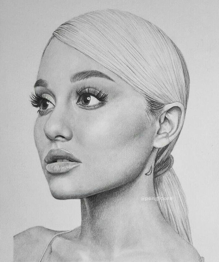 white background, girl face drawing, ariana grande black and white drawing, long low ponytail