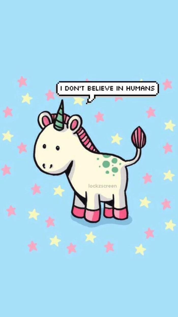 i don't believe in humans unicorn, pink iphone wallpaper, pink and yellow stars, blue background