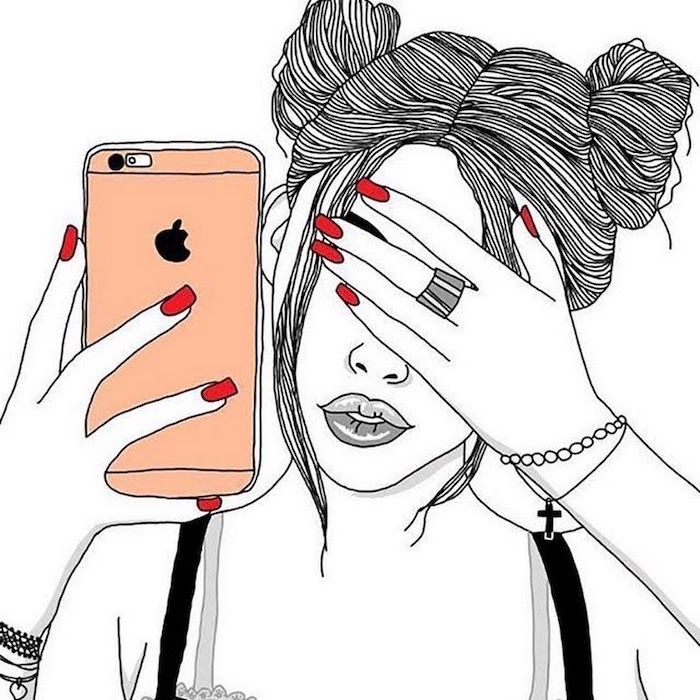 red nail polish, orange iphone case, black and white sketch, how to draw a female face, hair in buns