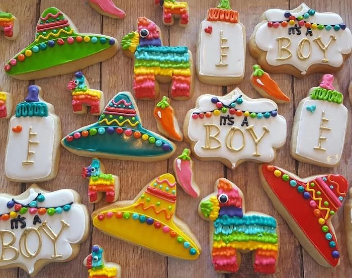 baby shower party ideas, pinata and sombrero shaped cookies, lots of colours