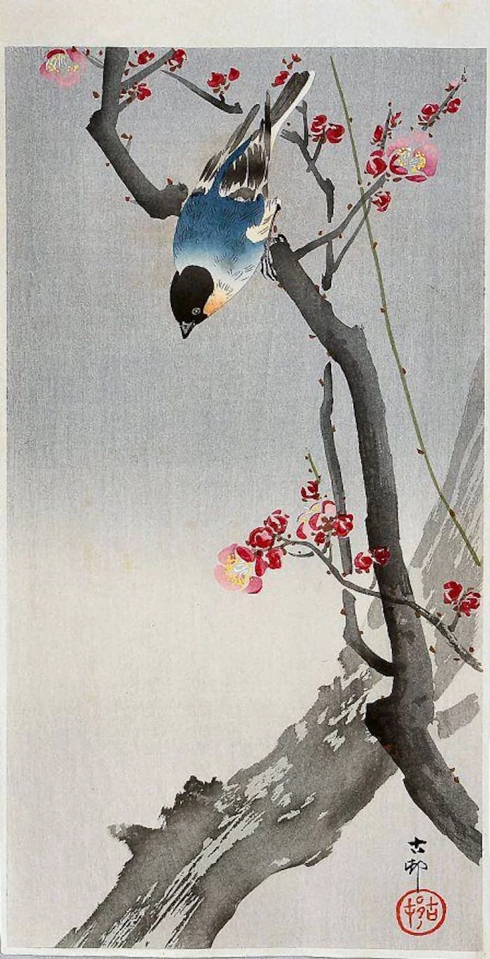 japanese inspired drawing, grey background, blue bird on a tree branch, tattoo designs for women